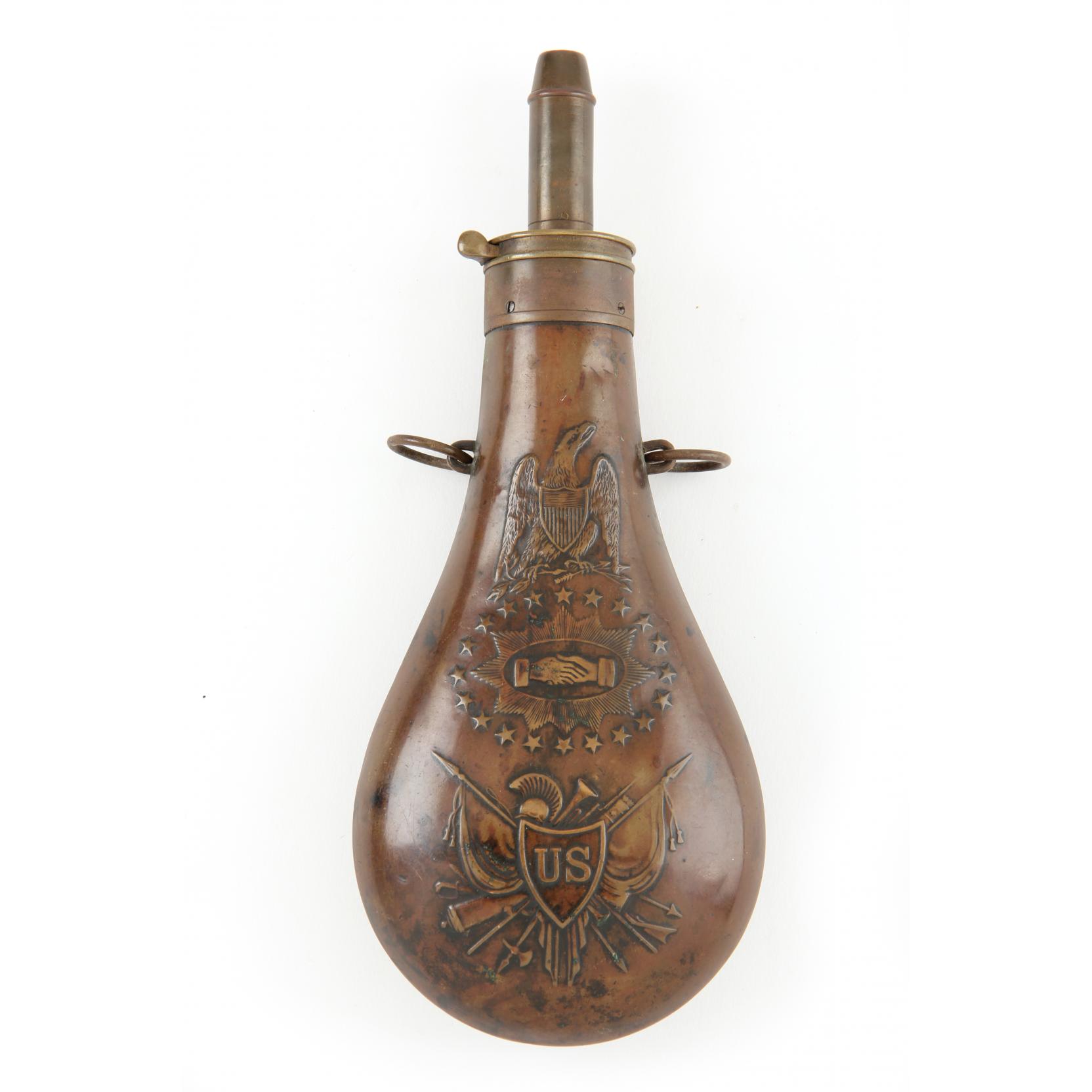 Appraisal: Batty Martial Peace Powder Flask Dated stamped copper body with