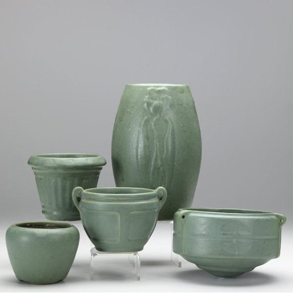 Appraisal: ZANESVILLE Five matte green items three jardinieres two Roseville and