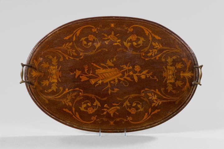 Appraisal: Edwardian Brass-Mounted Mahogany and Holly Marquetry Butler's Tray first quarter