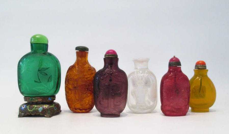 Appraisal: SIX CHINESE GLASS SNUFF BOTTLES in assorted compressed forms and