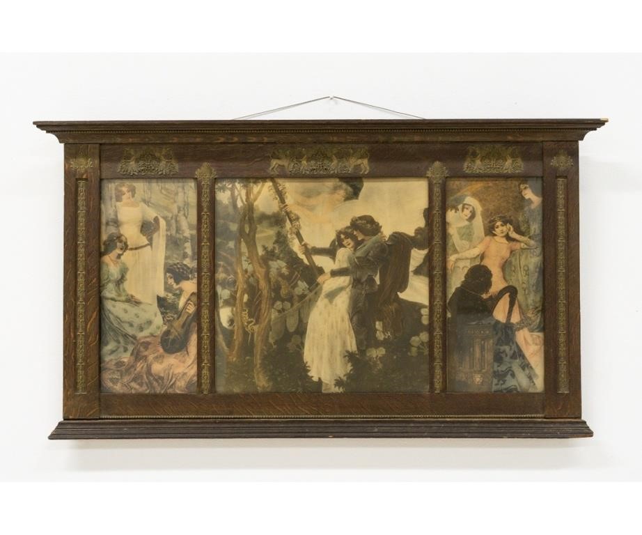 Appraisal: Oak framed triptic print of muses and lovers circa h