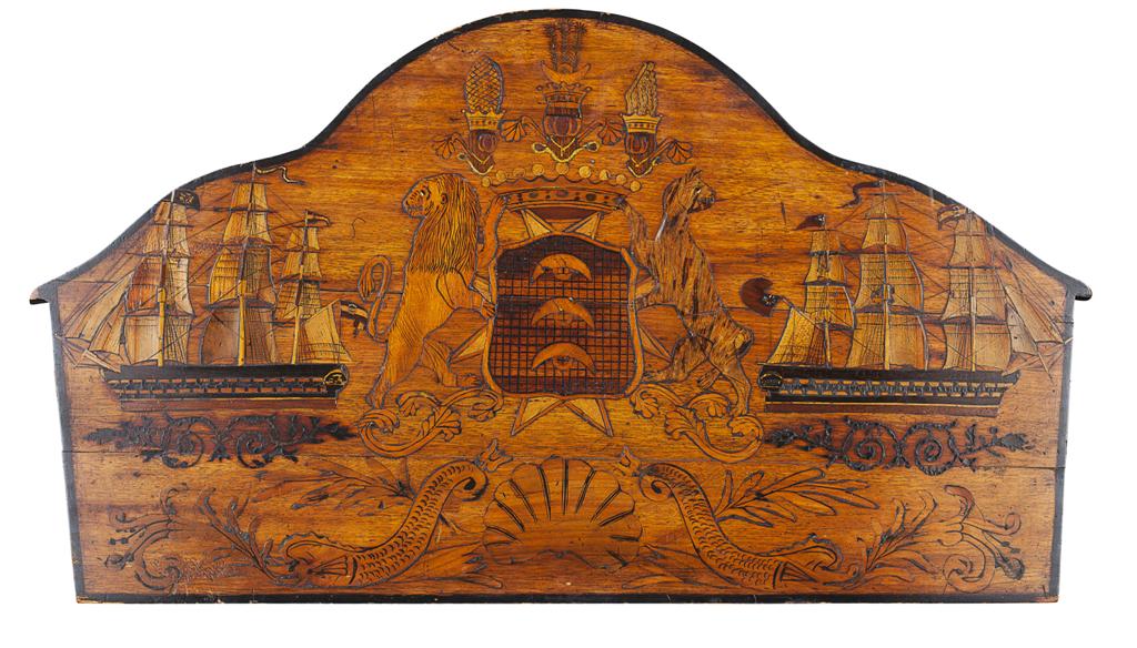 Appraisal: CONTINENTAL OAK AND INLAY ARMORIAL PLAQUE TH CENTURY of arched