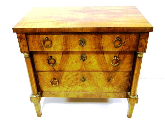 Appraisal: Baker furniture small three drawer chest Neo-Classical design crotch mahogany