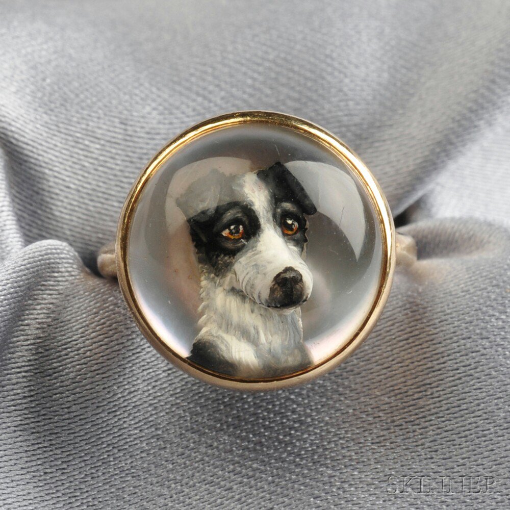 Appraisal: kt Gold and Reverse-painted Crystal Ring depicting a terrier size