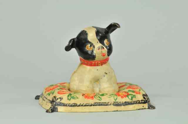 Appraisal: BOSTON TERRIER ''FIDO'' ON FLORAL CUSHION DOORSTOP Hubley cast iron