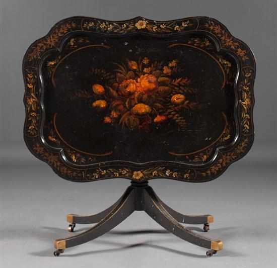 Appraisal: Regency style floral painted ebonized wood tilt-top tray table th