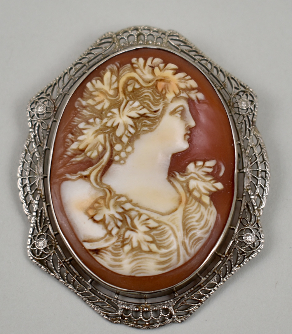 Appraisal: CAMEO BROOCH OF A CLASSICAL MAIDEN kt white gold diamond