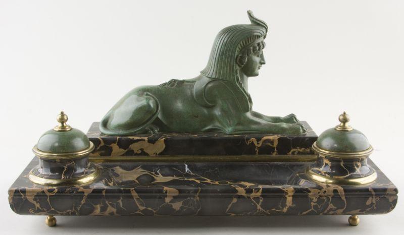 Appraisal: Egyptian Revival Sphinx Inkwell early th c cold painted bronze