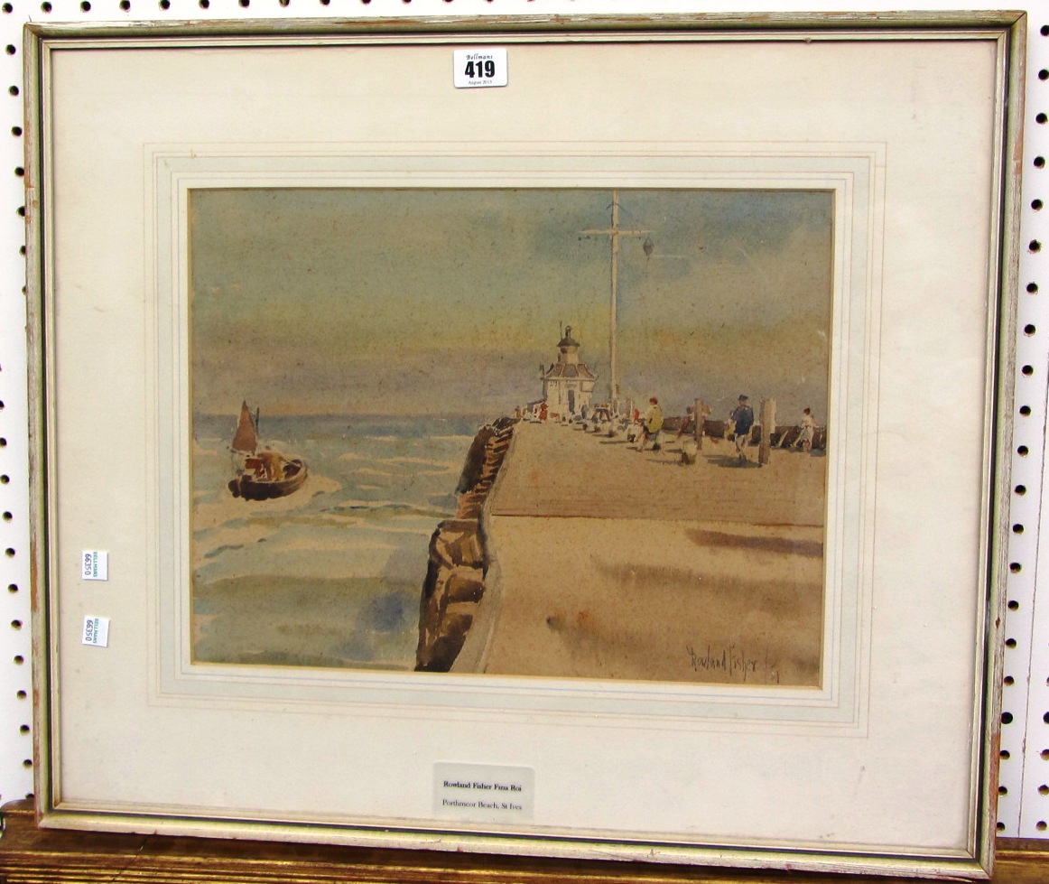 Appraisal: Rowland Fisher - Porthmeor Beach St Ives watercolour signed cm