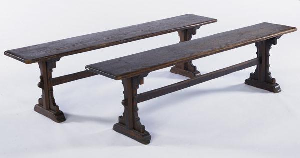 Appraisal: CONTINENTAL BENCHES In pine with stretcher bases th C x