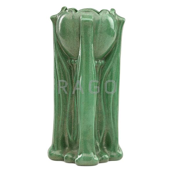 Appraisal: TECO Tulip-shaped vase Condition Report Restoration to tip of one