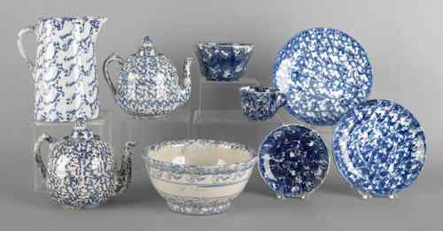 Appraisal: Nine pieces of blue decorated spongeware th c to include