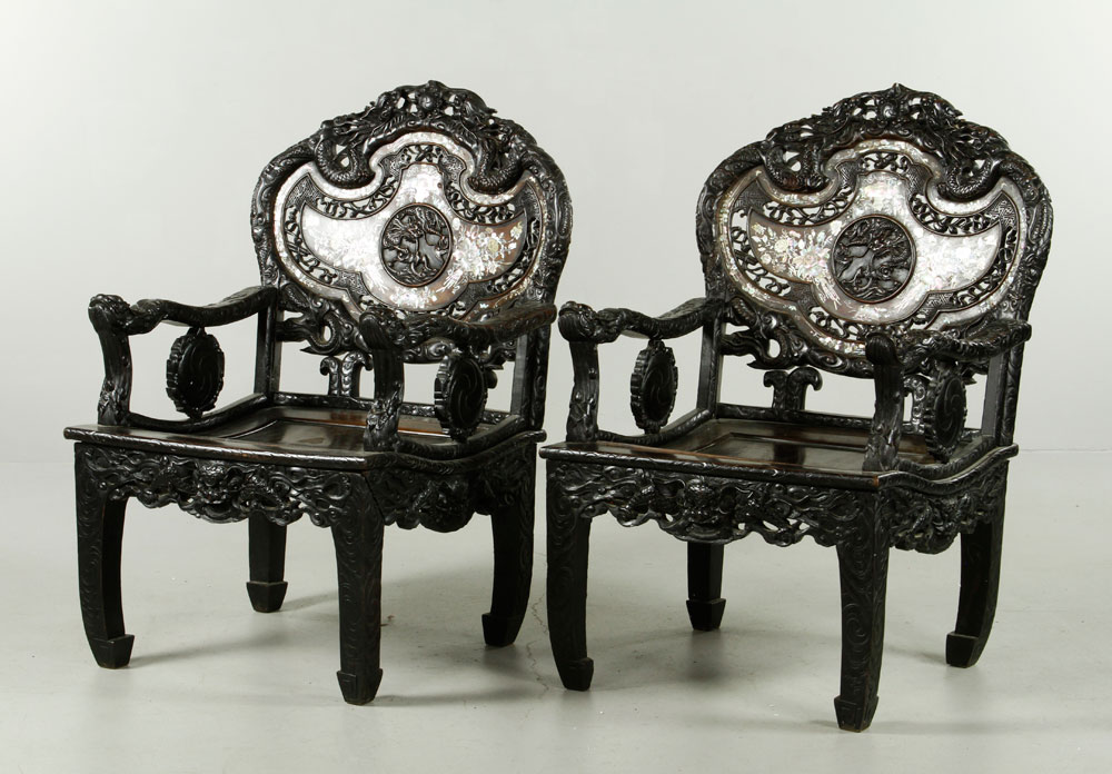 Appraisal: - Pr Chinese Armchairs Pair of carved hardwood armchairs China