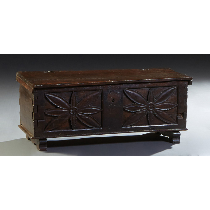 Appraisal: Diminutive French Provincial Carved Oak Coffer th c single board