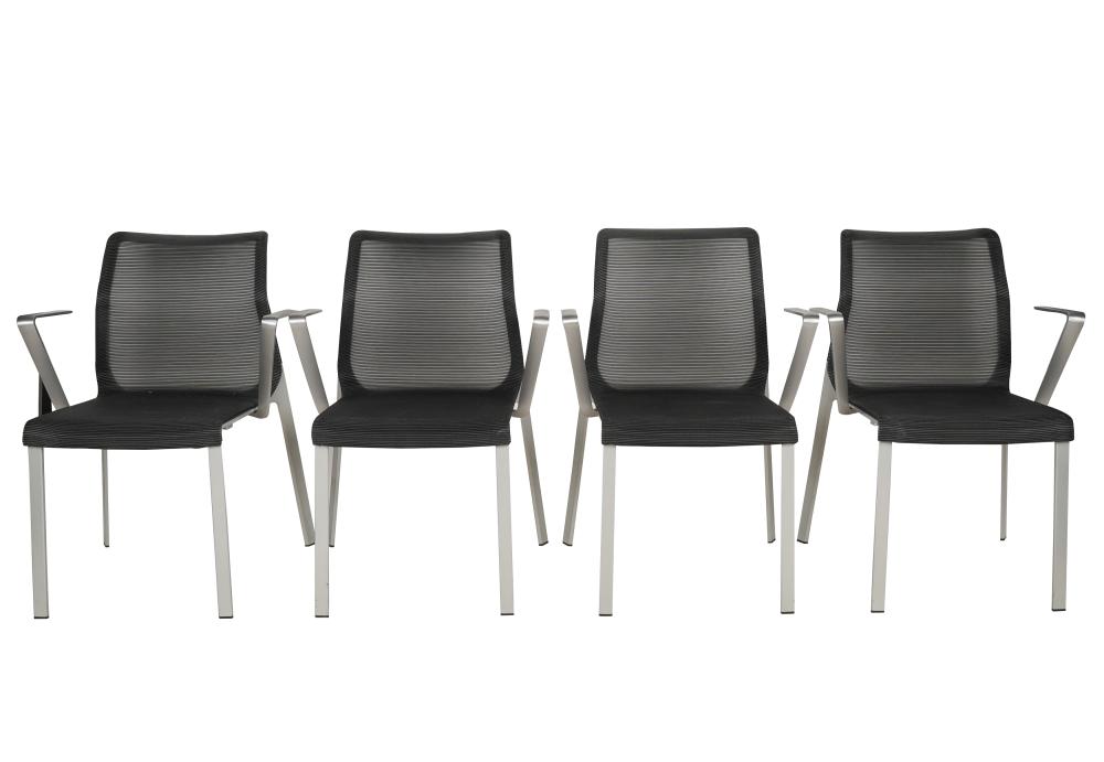 Appraisal: FOUR CONTEMPORARY CHAIRSplastic mesh and brushed metal with label idesk