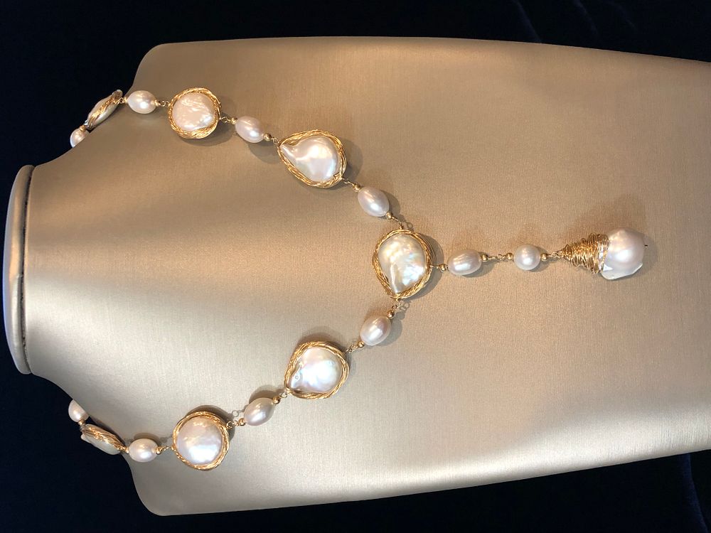 Appraisal: mm White Baroque Coin Pearl Lariat Necklace mm White Baroque