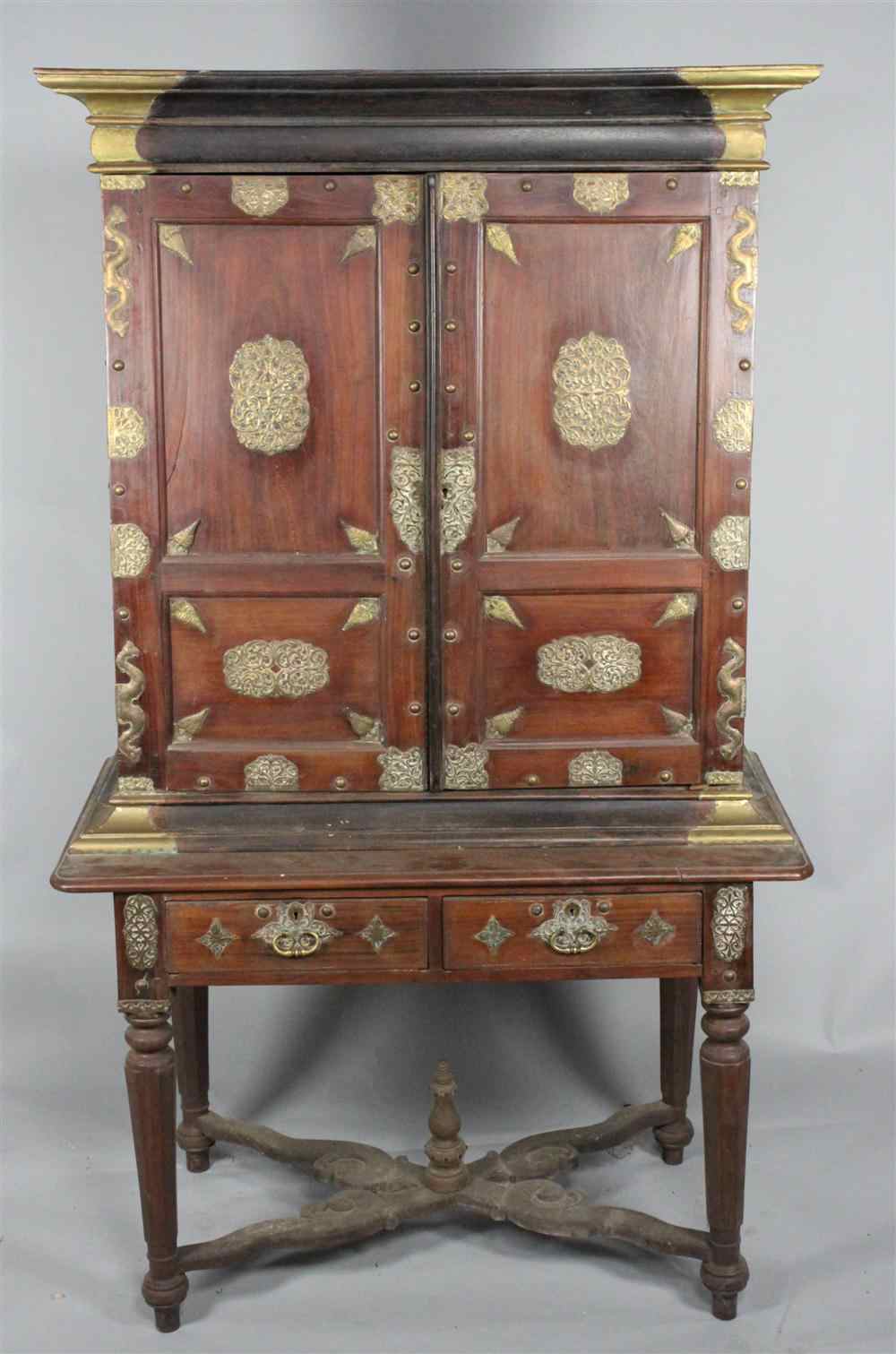 Appraisal: COLONIAL BRASS MOUNTED MAHOGANY SECRETARY in two sections the upper