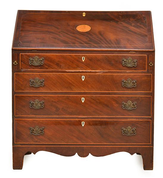 Appraisal: A GEORGE IV STRING INLAID MAHOGANY BUREAU the drop front