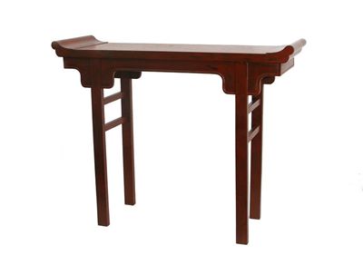 Appraisal: Two red lacquer altar tables with upturned scroll ends wear