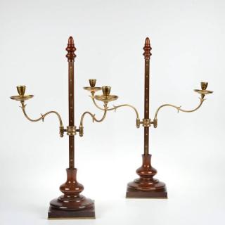 Appraisal: Pair Georgian style mahogany brass pole candelabra th c adjustable