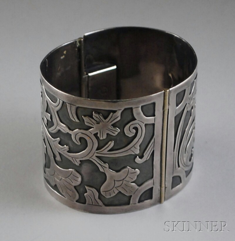 Appraisal: Oversized Mexican Sterling Silver Cuff Bracelet with botanical design and