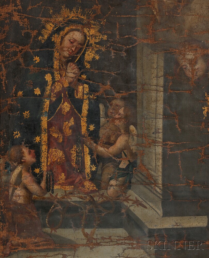 Appraisal: Spanish Colonial School th th Century Madonna with Angels Holding