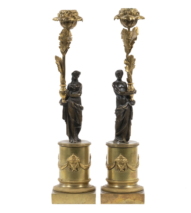 Appraisal: PR GILDED BRONZE FIGURAL CANDLESTICKS Pair of Early th c