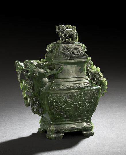 Appraisal: Chinese Carved Spinach Jade Covered Urn carved as an archaic