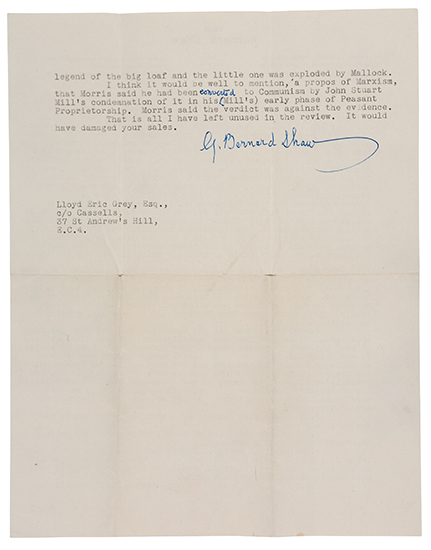 Appraisal: SHAW GEORGE BERNARD Typed Letter Signed G Bernard Shaw with