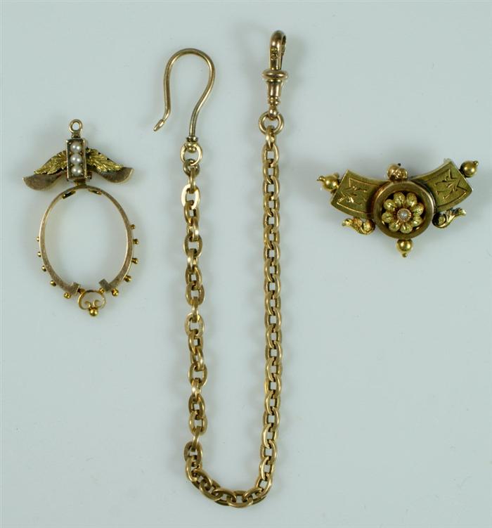 Appraisal: unmarked YG Etruscan pendants w small pearls karat watch chain