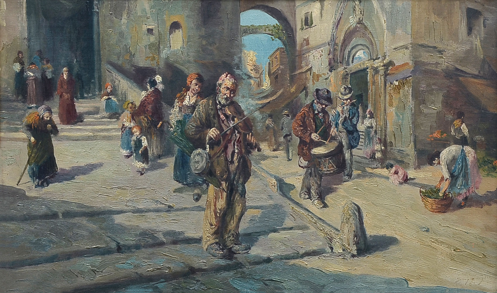 Appraisal: ILLEGIBLY SIGNED STREET MUSICIANS PAINTING O C '' x ''