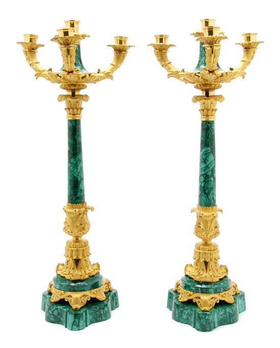 Appraisal: Pair of French Ormolu and Malachite Four-Light Candelabra Theodore Millet