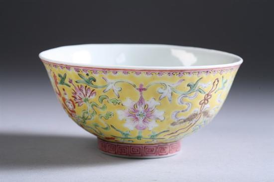 Appraisal: CHINESE FAMILLE JAUNE PORCELAIN BOWL Daoguang four-character iron red mark