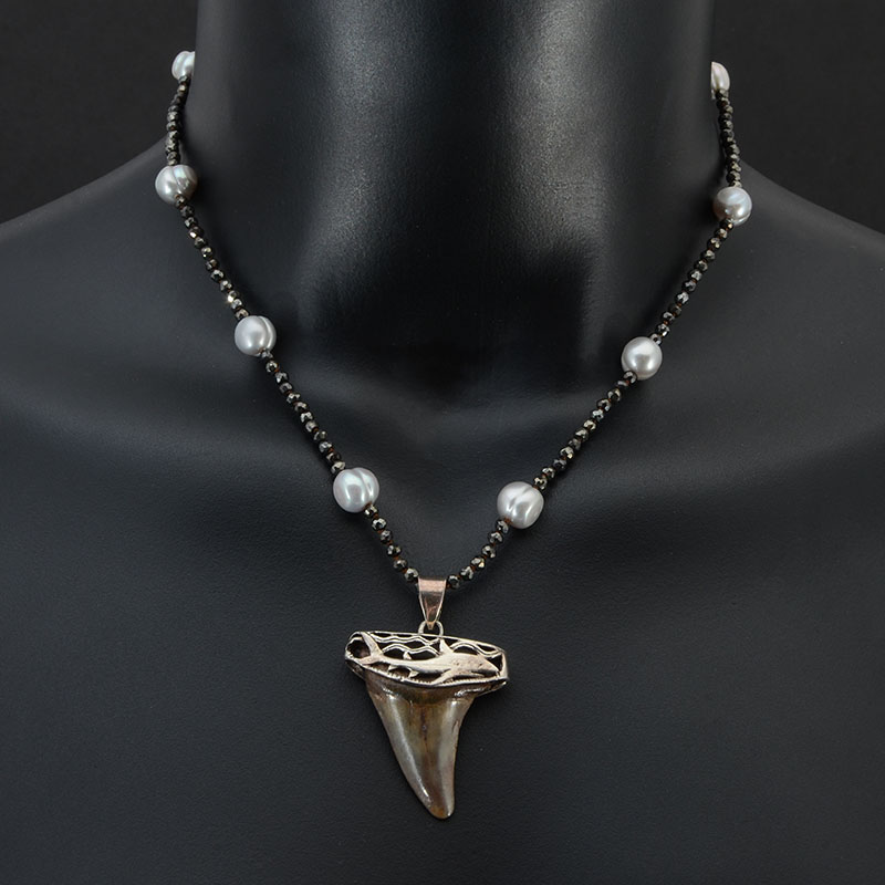 Appraisal: SHARK TOOTH CAPPED IN STERLING WITH PYRITE PEARL '' necklace