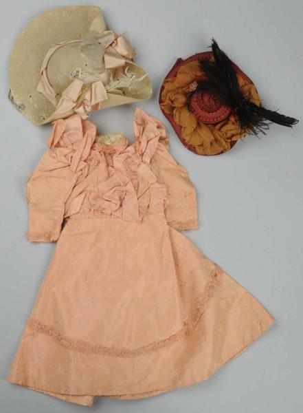 Appraisal: Antique Doll Dress Hats Lovely rose silk brocade dress with