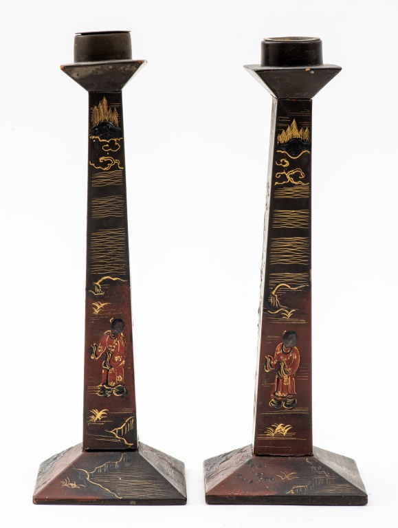 Appraisal: CHINESE CANDLESTICKS PAIR Pair of Chinese lacquer candlesticks unmarked H