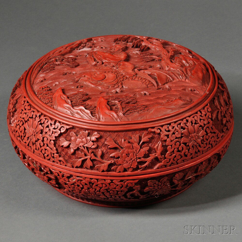 Appraisal: Red Lacquer Covered Box China circular depicting Kinko the Daoist