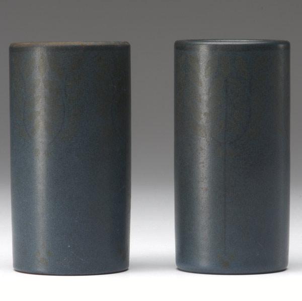 Appraisal: MARBLEHEAD Pair of cylindrical bud vases each decorated with a