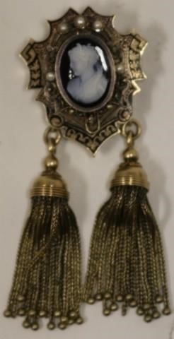 Appraisal: KT GOLD ETRUSCAN STONE CARVED CAMEO BROOCHWITH TASSELS WITH INSET