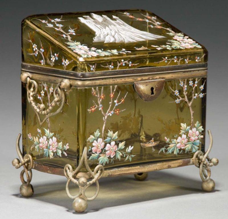 Appraisal: Moser Enameled Casket Description Circa Has unusual tappered lid on