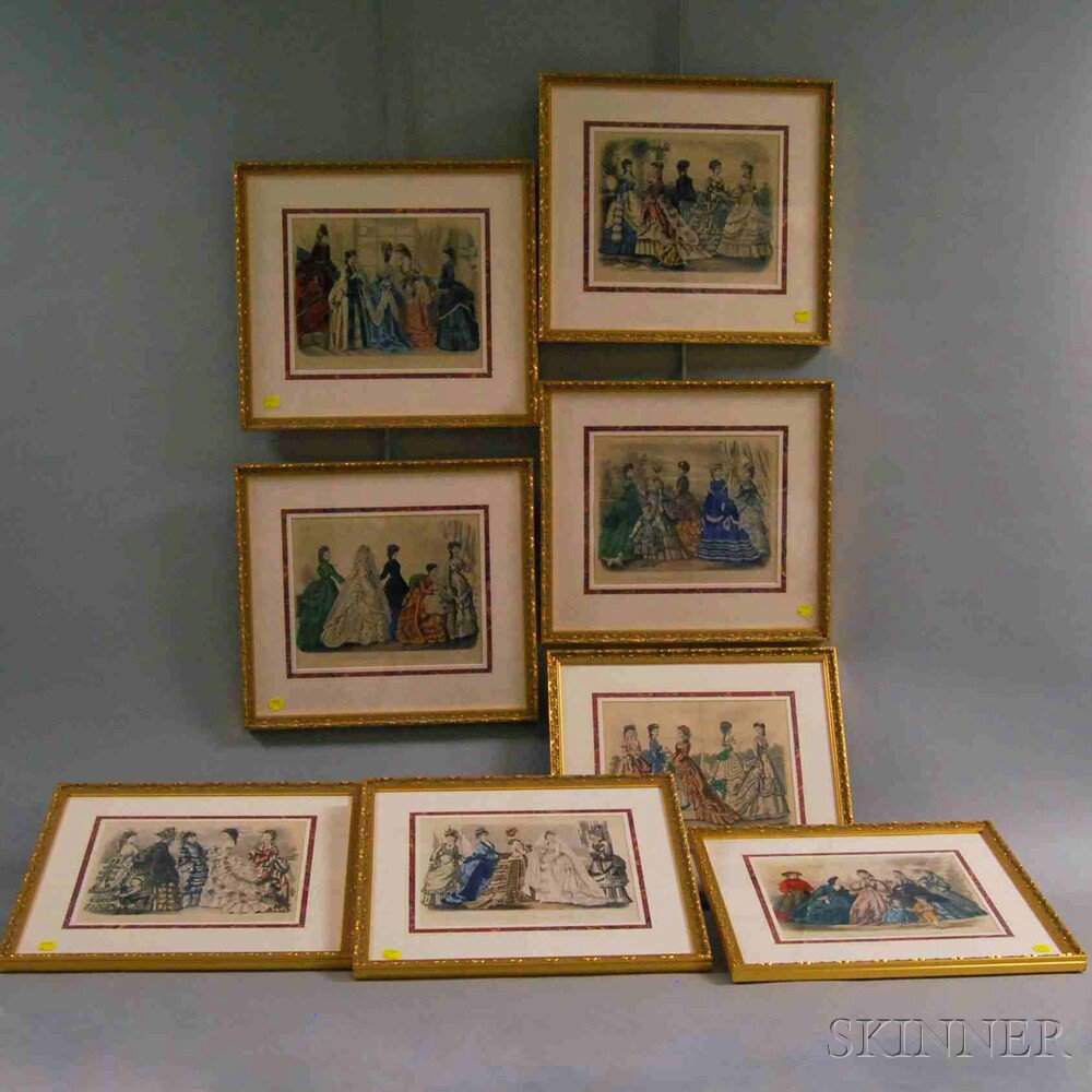 Appraisal: Seven Hand-colored Framed Godey Fashion Prints th century displaying a