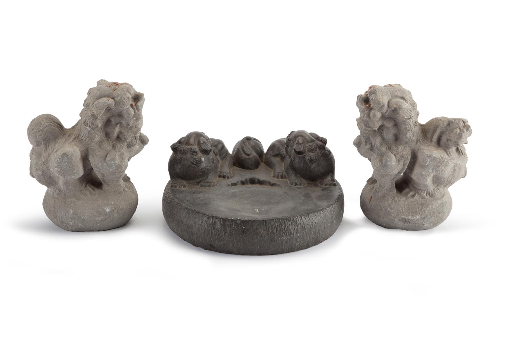 Appraisal: THREE CHINESE STONE CARVINGS Nineteenth- th century Earlier inkstone with