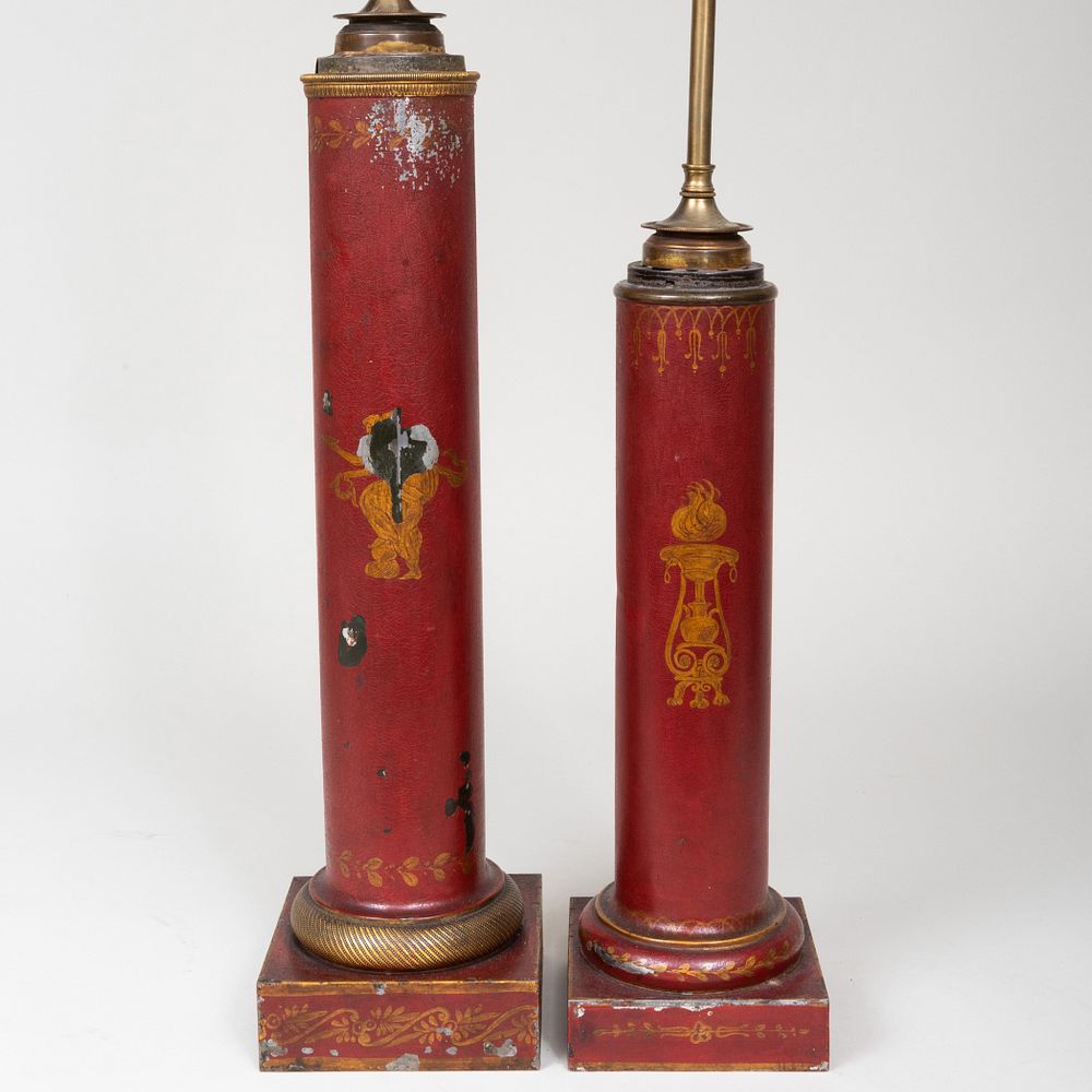 Appraisal: Two T le Painted Columnar Lamps Each with gilt details