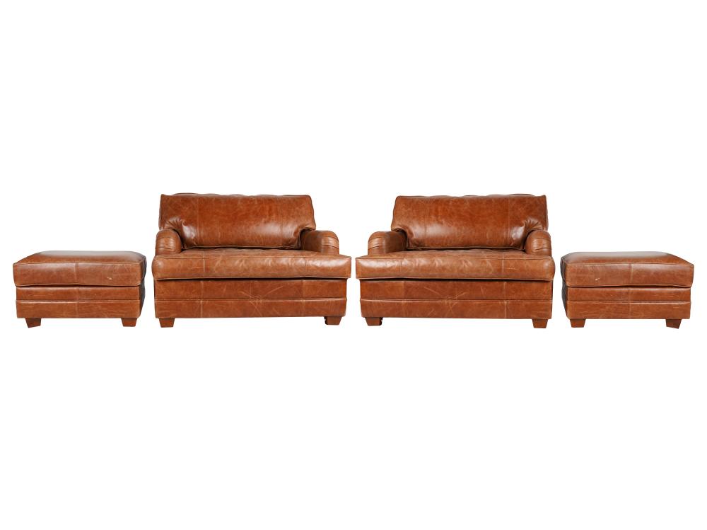 Appraisal: PAIR OF BROWN LEATHER OVERSIZED CLUB CHAIRSwith two ottomans each