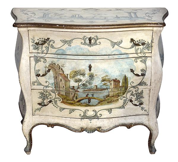 Appraisal: A FRENCH PAINTED BOMBE COMMODE serpentine with three drawers painted