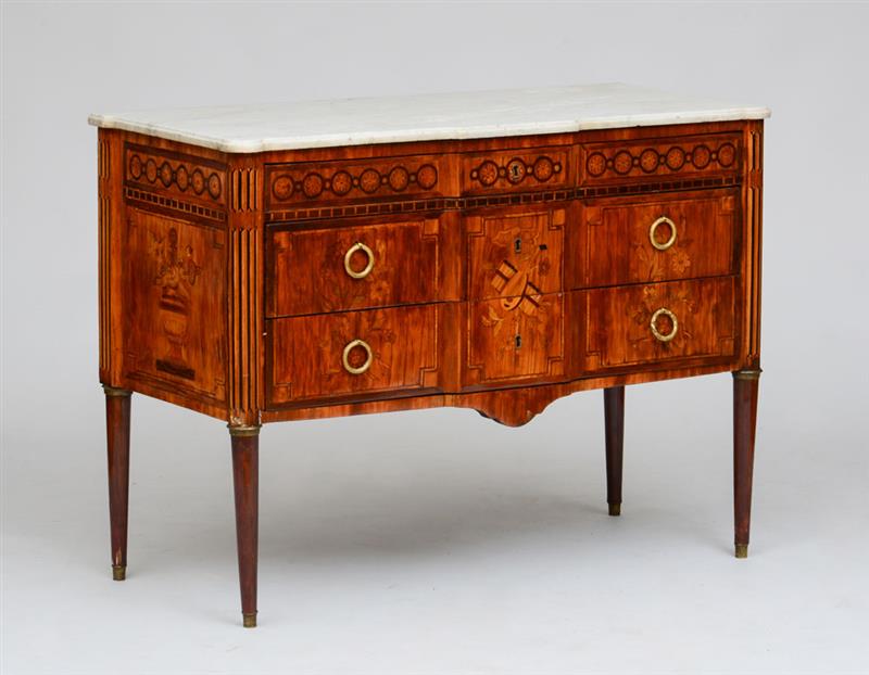 Appraisal: LOUIS XVI ORMOLU-MOUNTED KINGWOOD TULIPWOOD AND FRUITWOOD MARQUETRY COMMODE The