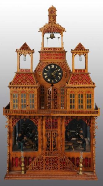 Appraisal: Fretwork House Clock with Moving People Description Wood Electric with