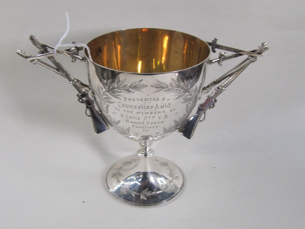 Appraisal: Of Military interest silver plated trophy cup with handles modelled