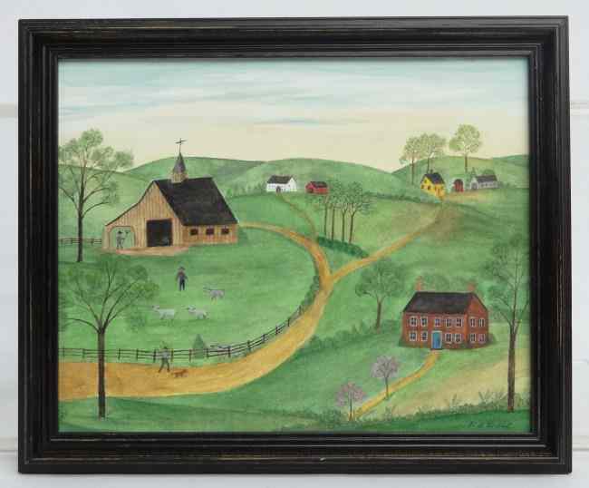 Appraisal: Watercolor on paper ''Sheep Farming'' by noted Ct folk artist