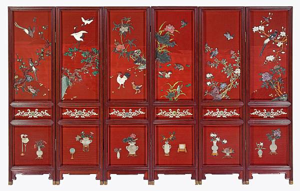 Appraisal: A six-panel jade and hardstone overlay screen Each vertical panel